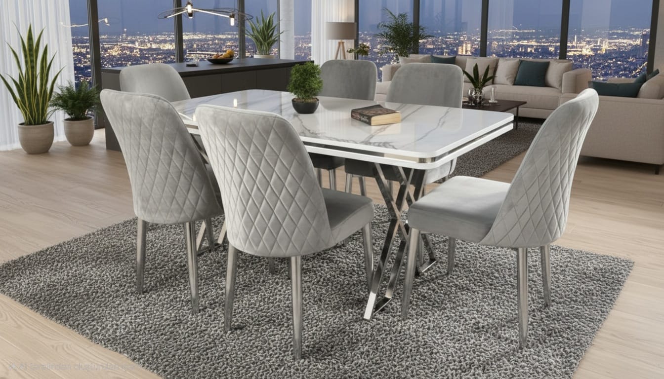 Lux Marble Effect Wooden Modern Metal Legs Dining Table Set 6 Chairs