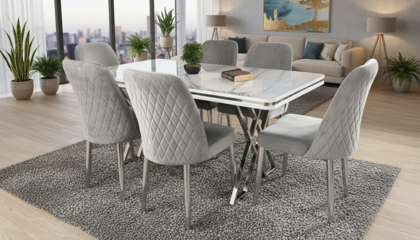 Lux Marble Effect Wooden Modern Metal Legs Dining Table Set 6 Chairs