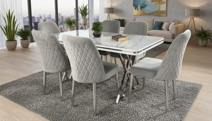 Lux Marble Effect Wooden Modern Metal Legs Dining Table Set 6 Chairs