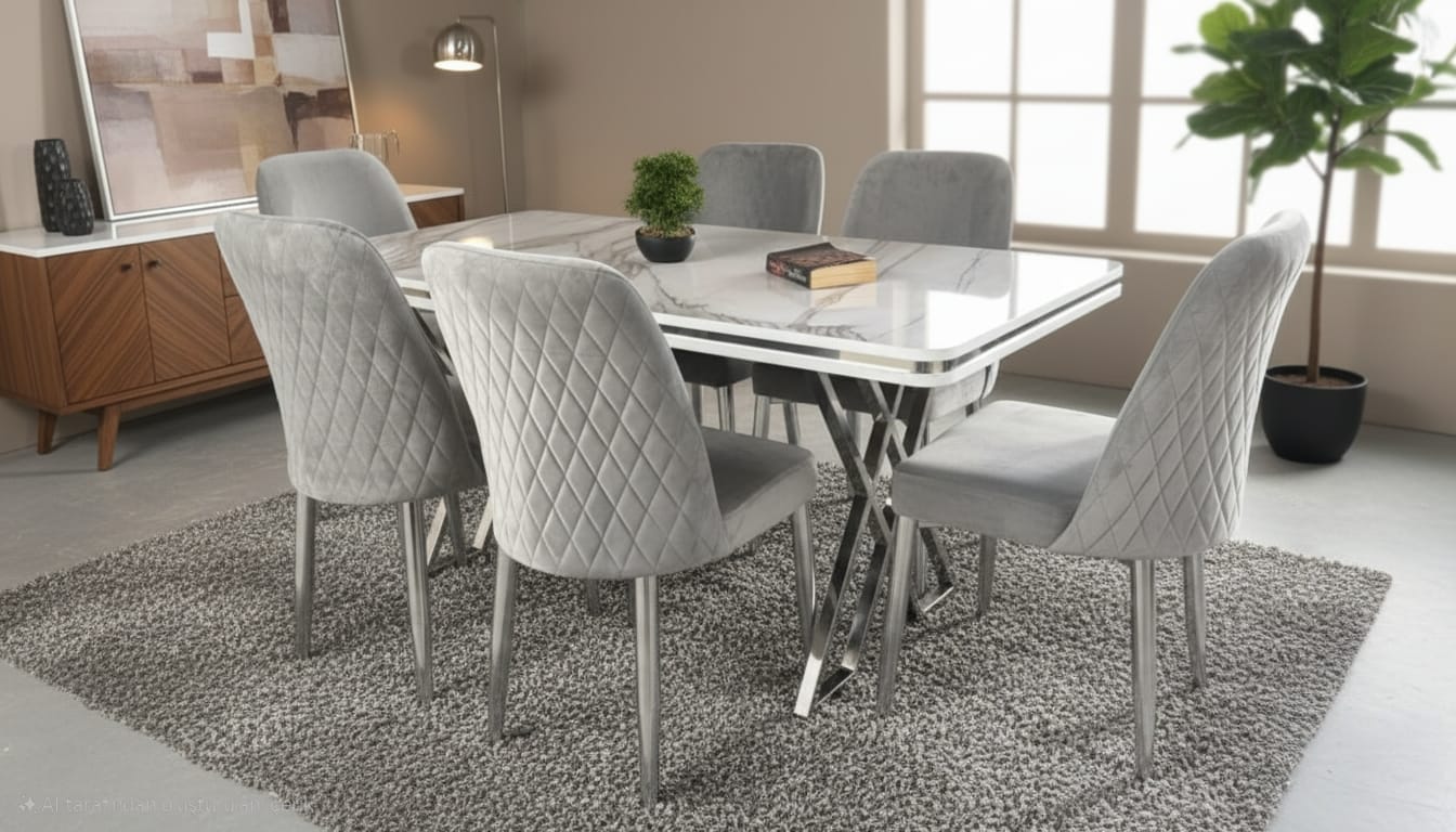 Lux Marble Effect Wooden Modern Metal Legs Dining Table Set 6 Chairs