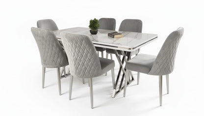 Lux Marble Effect Wooden Modern Metal Legs Dining Table Set 6 Chairs