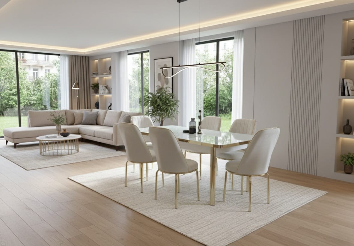 White Gold Effect Dining Table and 6 Chairs