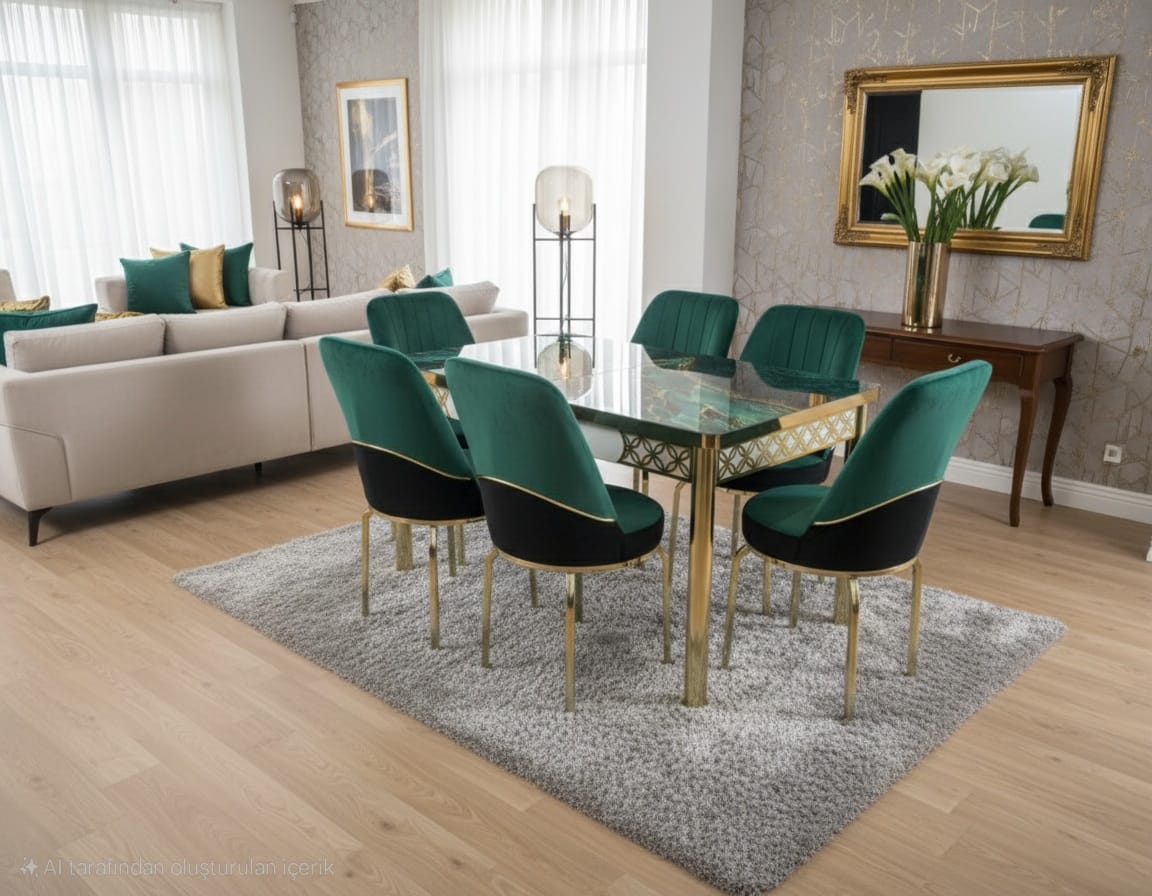 Green Gold Effect Dining Table and 6 Chairs