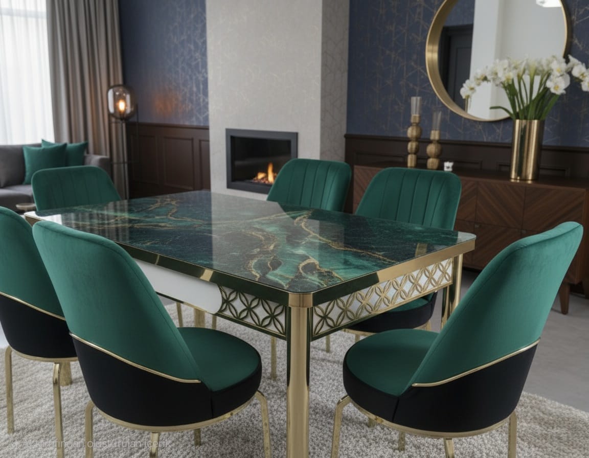 Green Gold Effect Dining Table and 6 Chairs