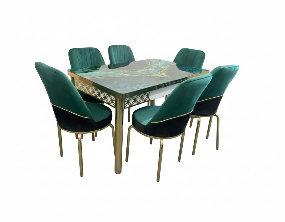 Green Gold Effect Dining Table and 6 Chairs