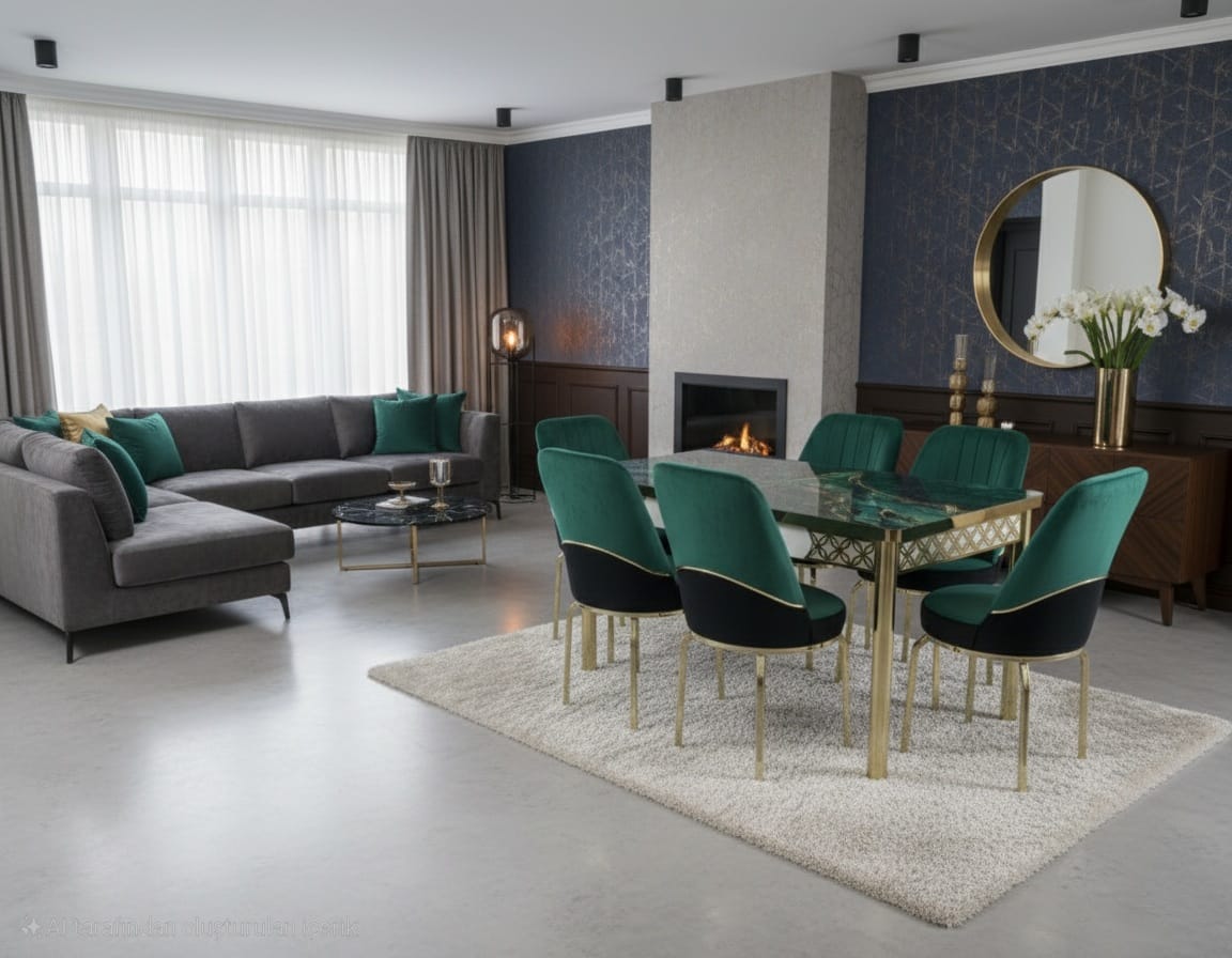 Green Gold Effect Dining Table and 6 Chairs