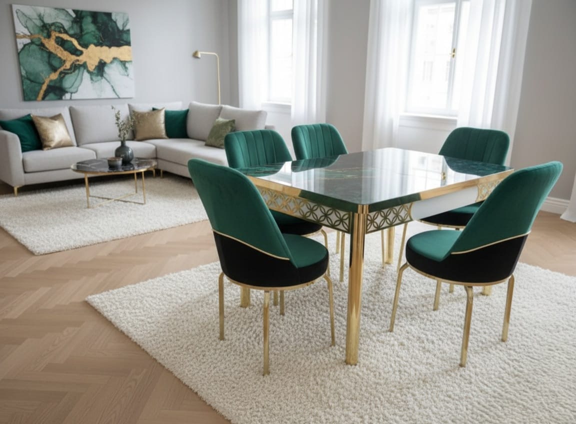 Green Gold Effect Dining Table and 6 Chairs