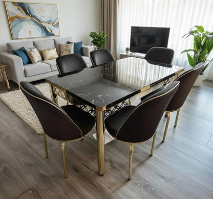 Black Gold Marble Effect Dining Table and 6 Chairs