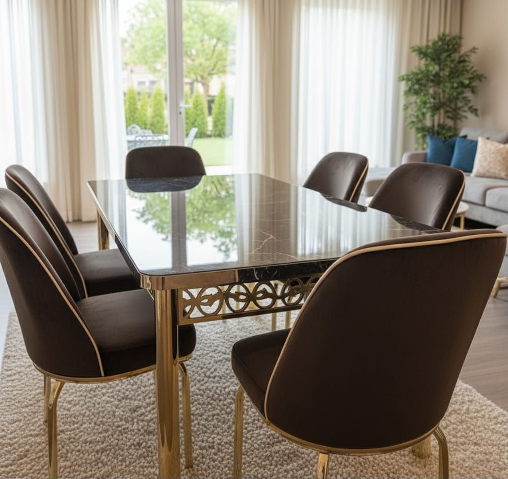 Black Gold Marble Effect Dining Table and 6 Chairs