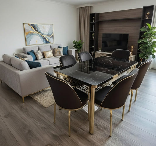 Black Gold Marble Effect Dining Table and 6 Chairs