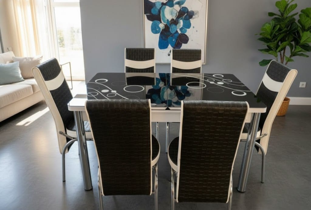 Black White Bubble Effect Dining Table and 6 Leather Chairs