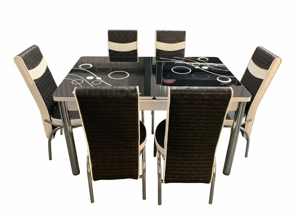Black White Bubble Effect Dining Table and 6 Leather Chairs