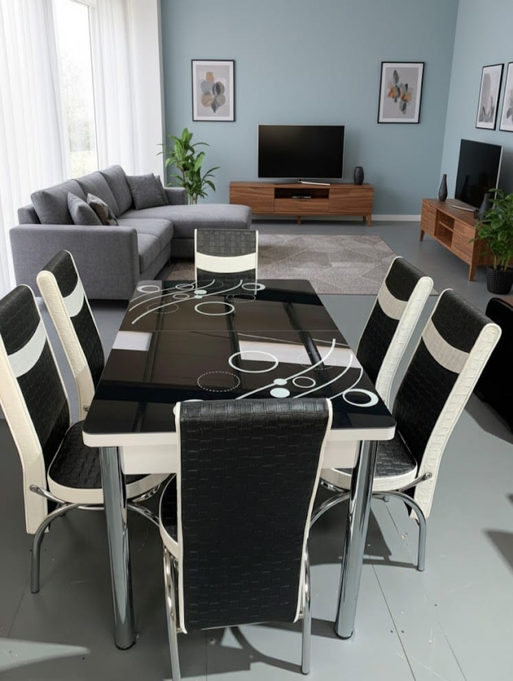 Black White Bubble Effect Dining Table and 6 Leather Chairs