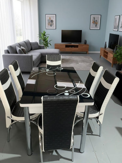 Black White Bubble Effect Dining Table and 6 Leather Chairs