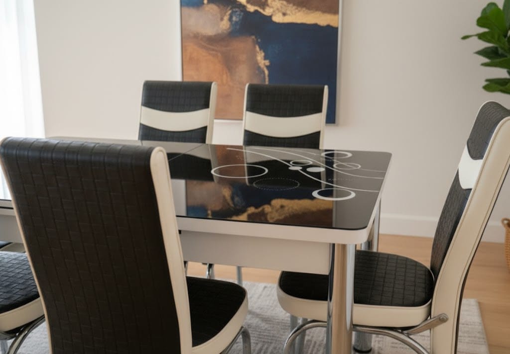Black White Bubble Effect Dining Table and 6 Leather Chairs