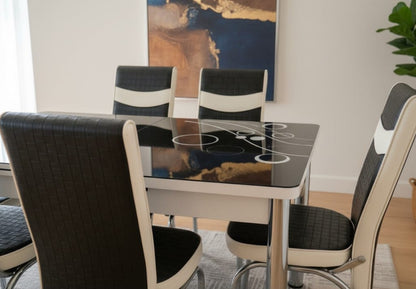 Black White Bubble Effect Dining Table and 6 Leather Chairs