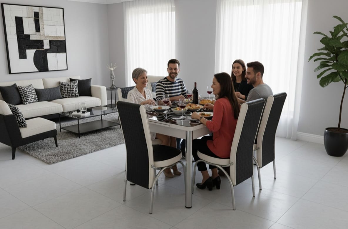 Black White Bubble Effect Dining Table and 6 Leather Chairs