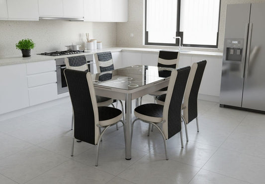 Black White Bubble Effect Dining Table and 6 Leather Chairs
