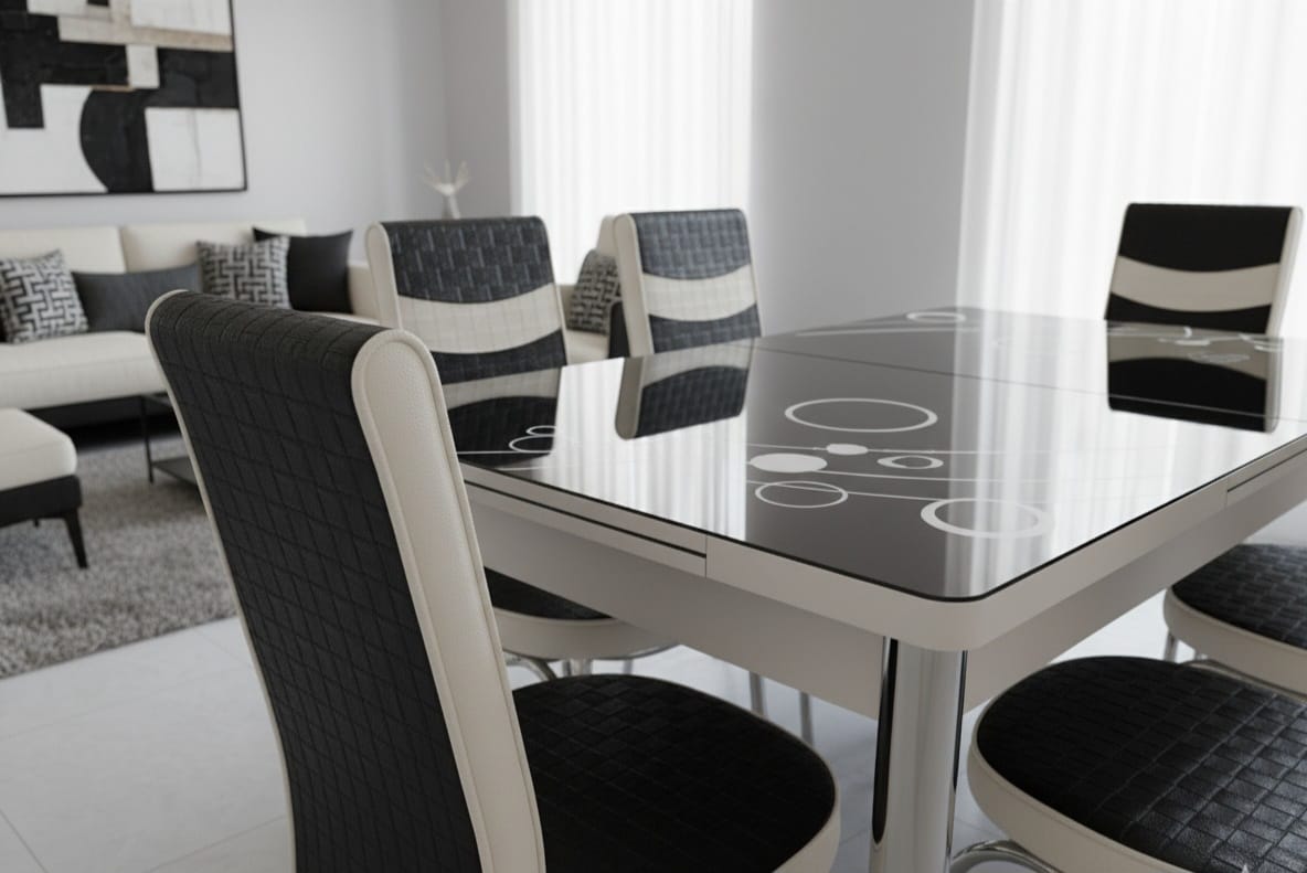 Black White Bubble Effect Dining Table and 6 Leather Chairs