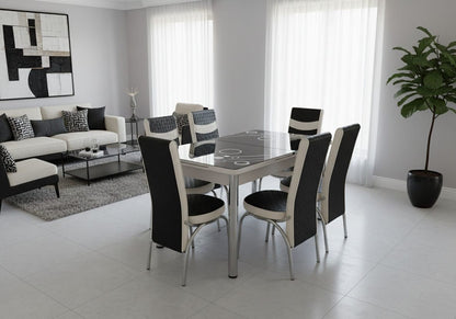 Black White Bubble Effect Dining Table and 6 Leather Chairs