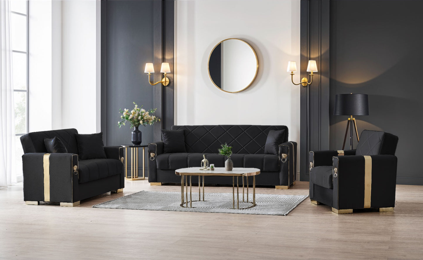 Lion Modern Black Gold 3+2+1 Seater Sofa Bed