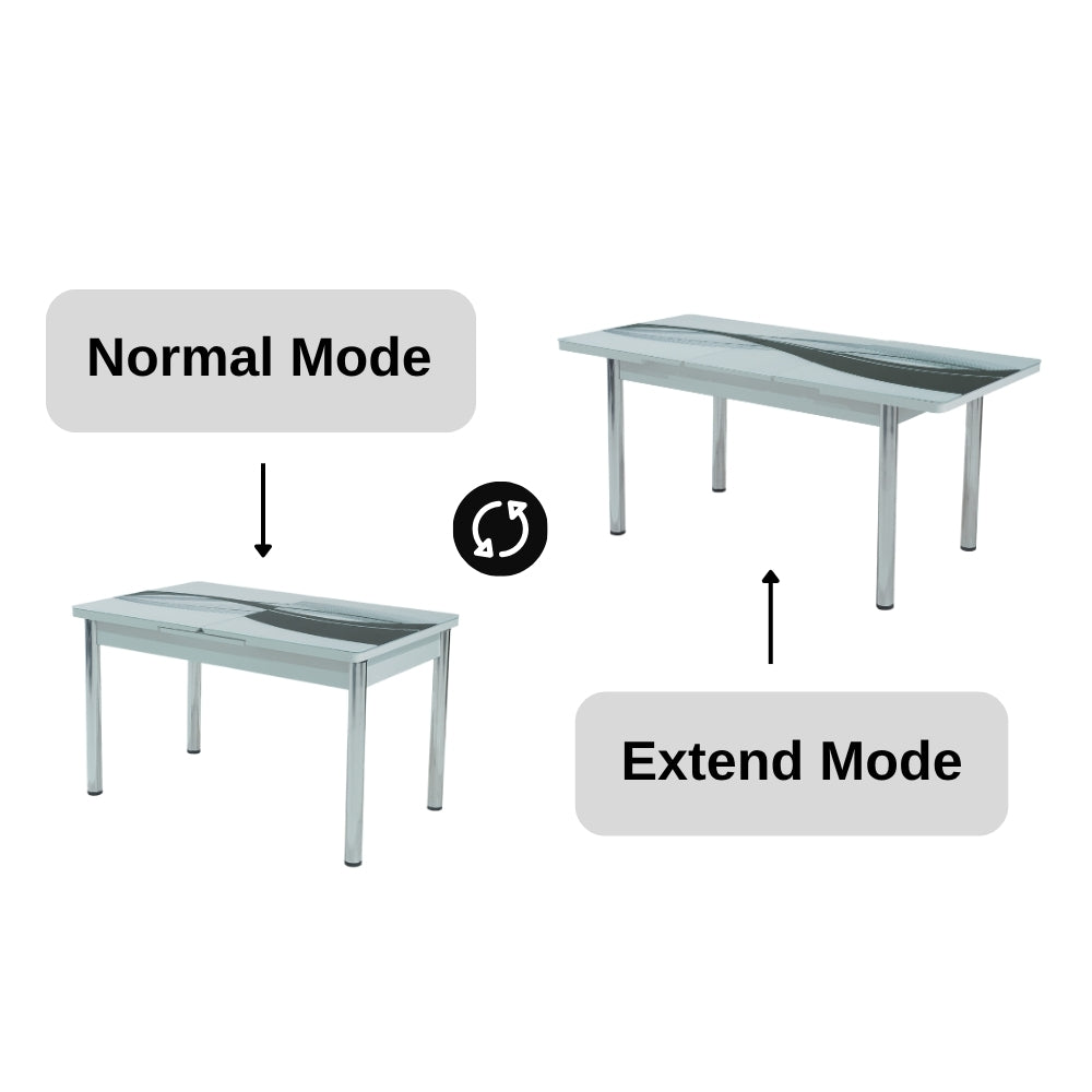 Black Wave Table Extendable Dining Table with Tempered Glass Top & Metal Legs +6 Leather Upholstered Chairs