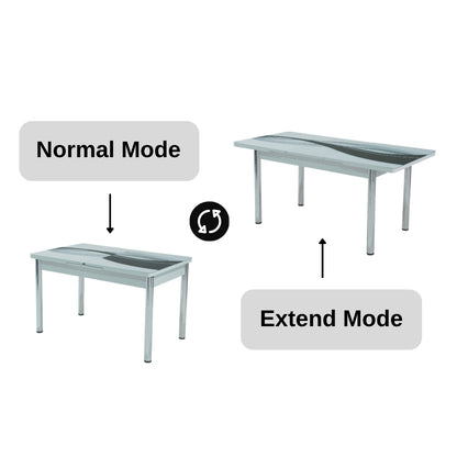 Black Wave Table Extendable Dining Table with Tempered Glass Top & Metal Legs +6 Leather Upholstered Chairs