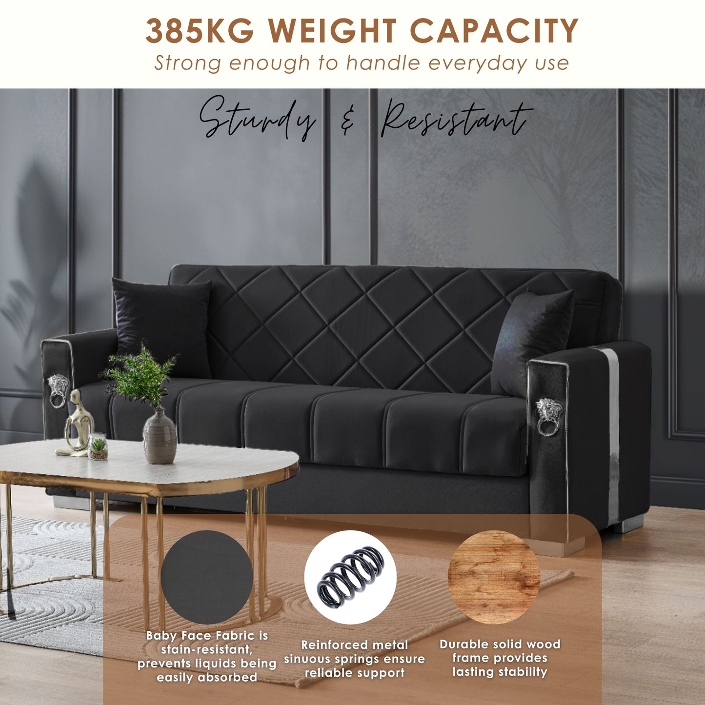 Lion Modern Black Silver 3+2+1 Seater Sofa Bed