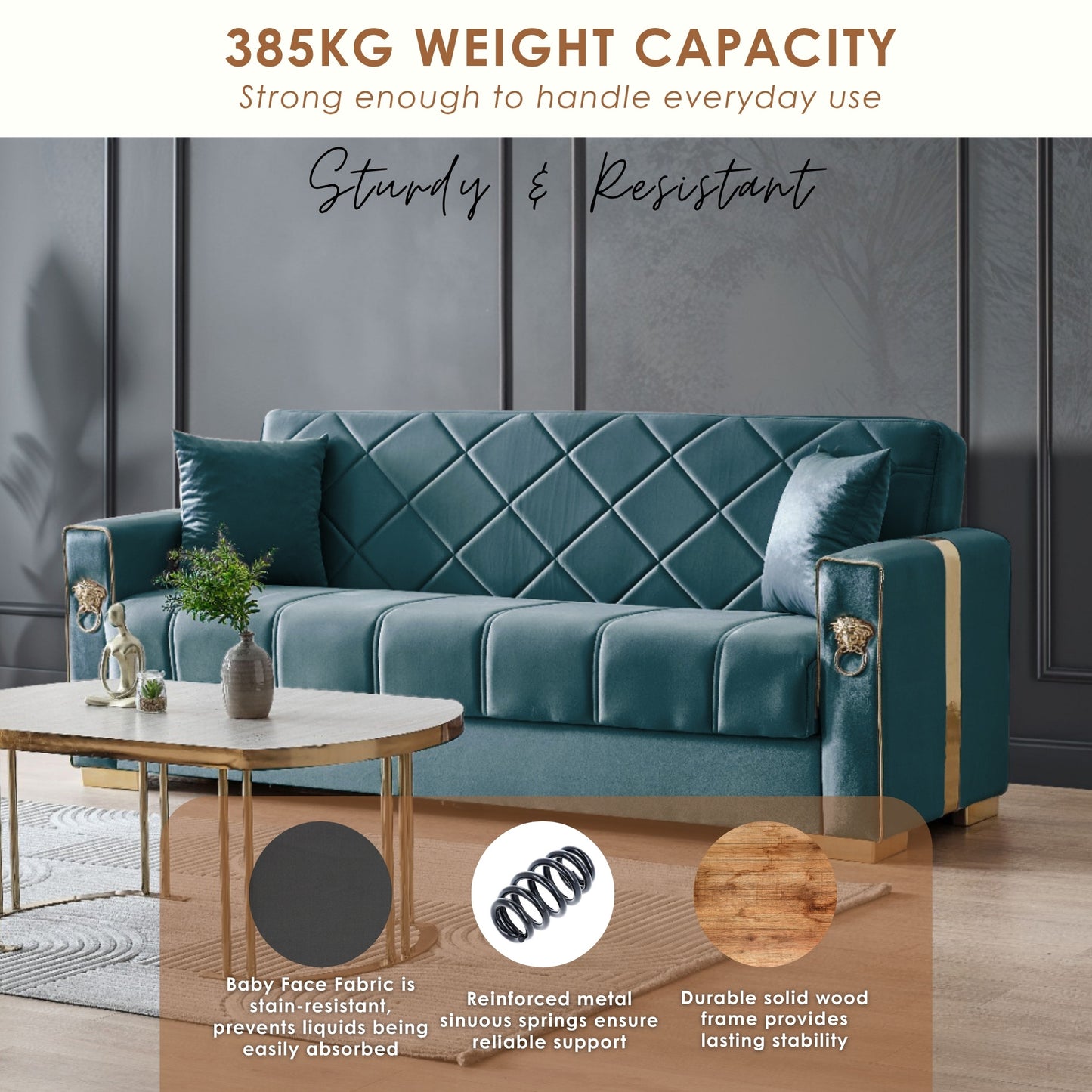 Lion Modern Green Gold 3+2+1 Seater Sofa Bed