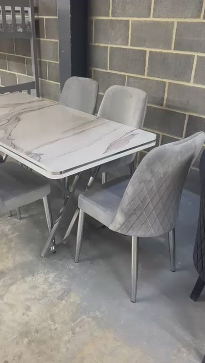 Lux Marble Effect Wooden Modern Metal Legs Dining Table Set 6 Chairs