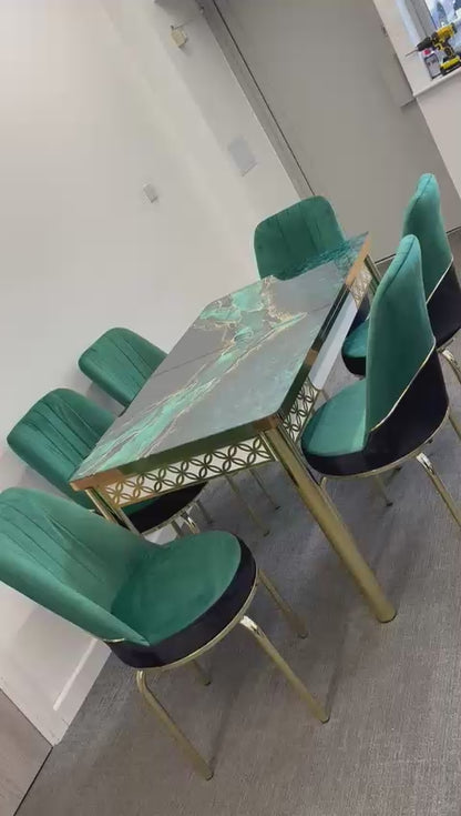 Green Gold Effect Dining Table and 6 Chairs