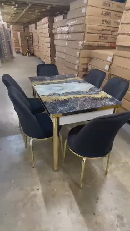 Black Extendable Dining Table with Tempered Glass Top & Metal Legs +6 Upholstered Chairs