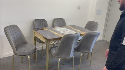 Gray Extendable Dining Table with Tempered Glass Top & Metal Legs +6 Upholstered Chairs