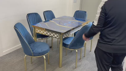 Blue Gold Extendable Dining Table with Tempered Glass Top & Metal Legs +6 Upholstered Chairs